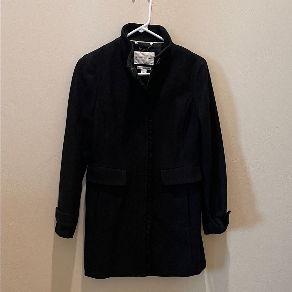 Banana Republic Ruffle Front Black Wool Blend Coat